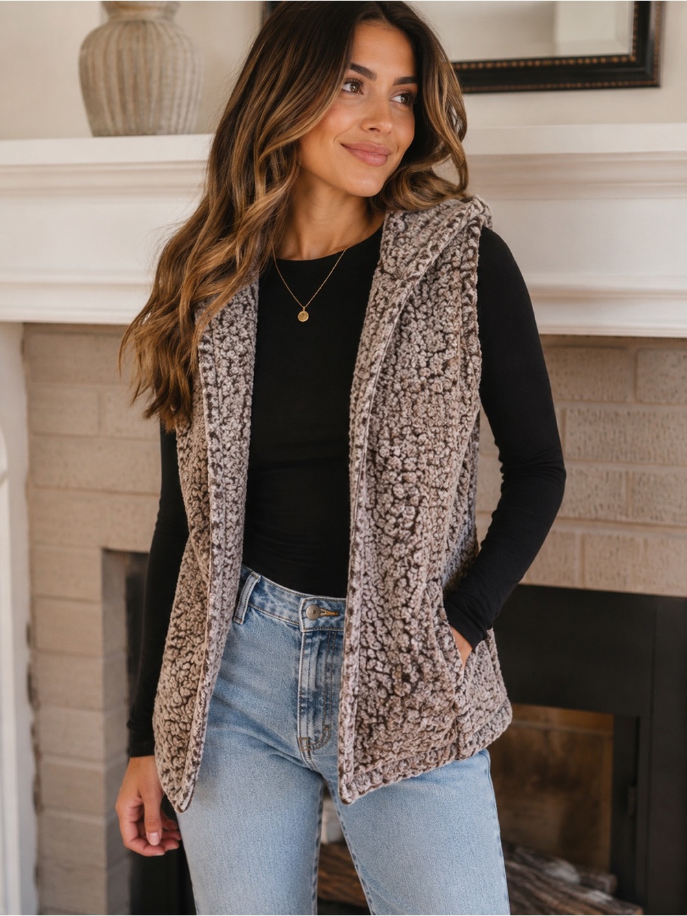 Coffee Shop Hooded Sherpa Sweater Vest XS Cozy Open Front